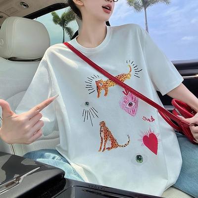 Summer Pure Cotton Casual Oversized T Shirt Women's Streetwear Harajuku Large Size Funny Cartoon Print Short Sleeve T-shirts for Women White Y2k Tops