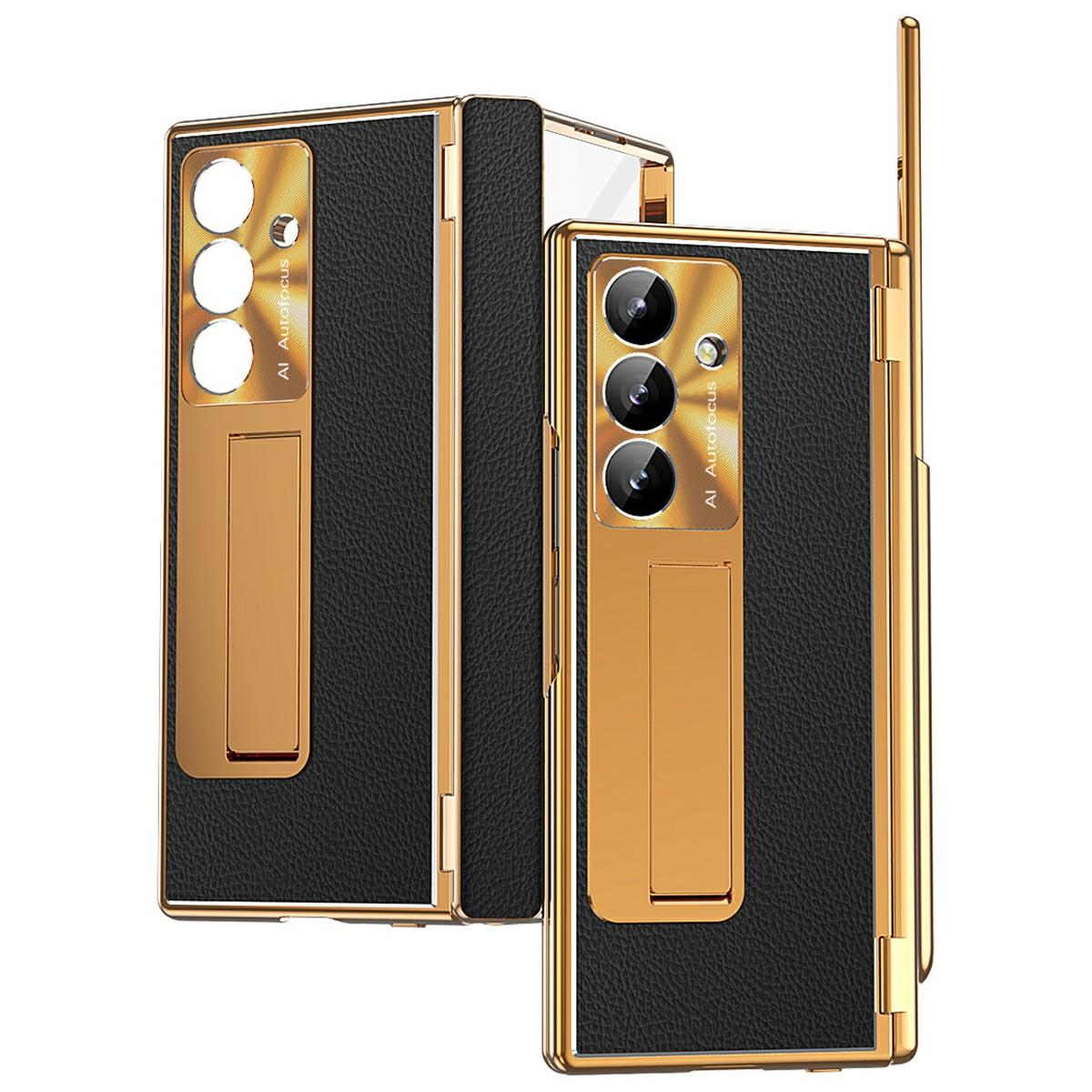 

For Samsung Galaxy Z Fold7 5G Case Hinge Protection PU+PC Phone Cover with Tempered Glass Film/Stylus Gold/Black