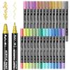 Shuttle Art Acrylic Metallic Dot and Brush Twin Pen 28 Sparkling Glitter Acrylic Paint for Writing On and Handmade Art Gift Markers, Colors, Tip, Set,