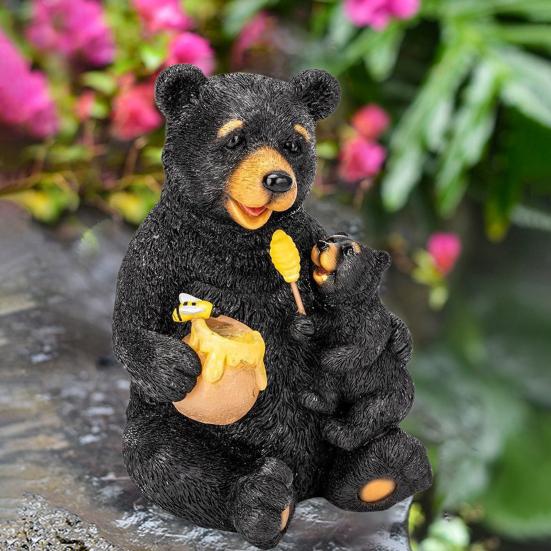 Solar Bear Lamp Figurine Weather-proof Outdoor Garden Yard Pathway Patio Lawn LED Honey Jar Bear Resin Statue Sculpture Decoration Light