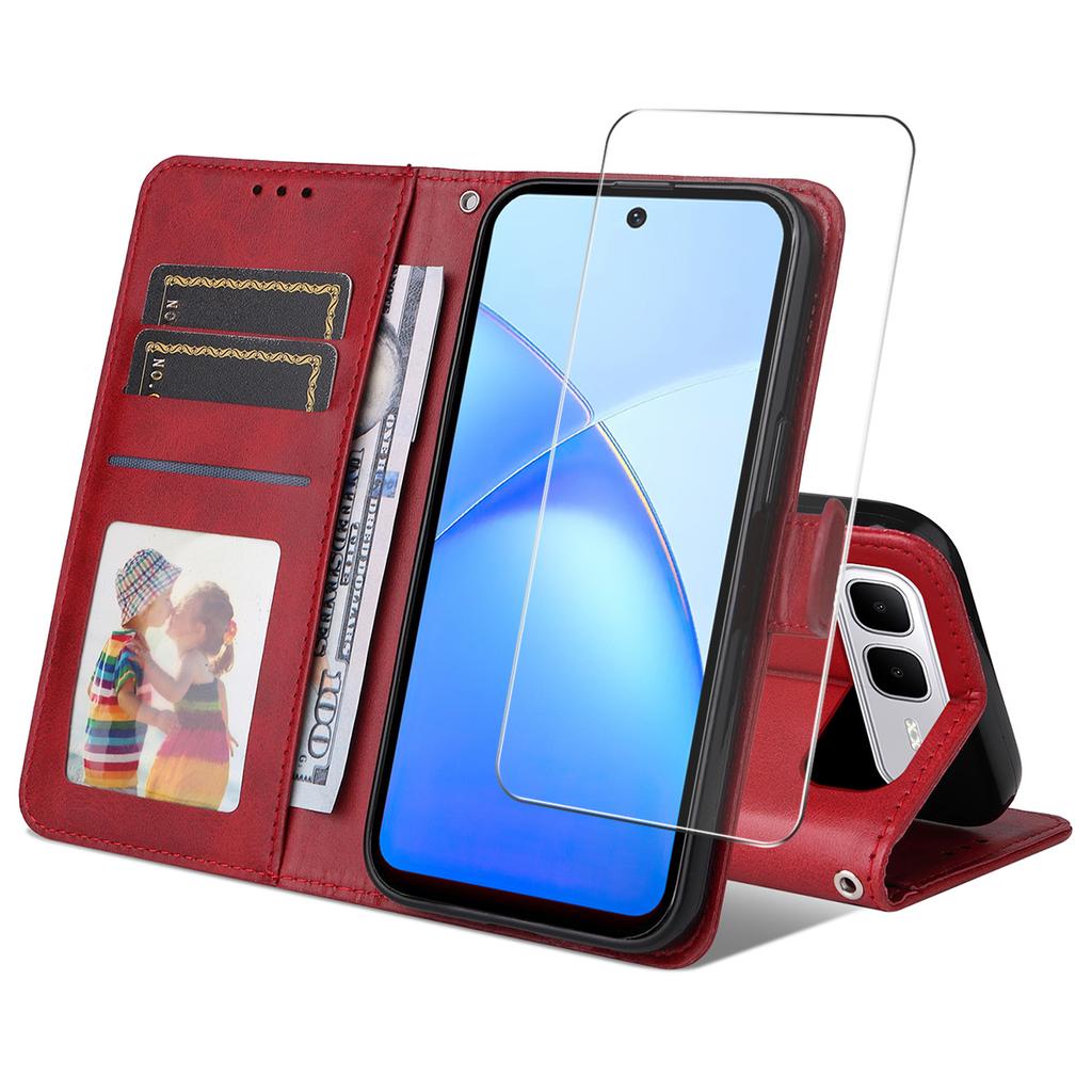 For Infinix Smart 10 Plus PU Leather Wallet Case Phone Stand Cover with Tempered Glass
