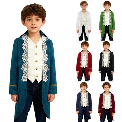 Children‘s Victorian Era Tailcoat Boys Renaissance Jacket with Lace Embroidery Fake Two Piece Design Turn-Down Collar for Halloween