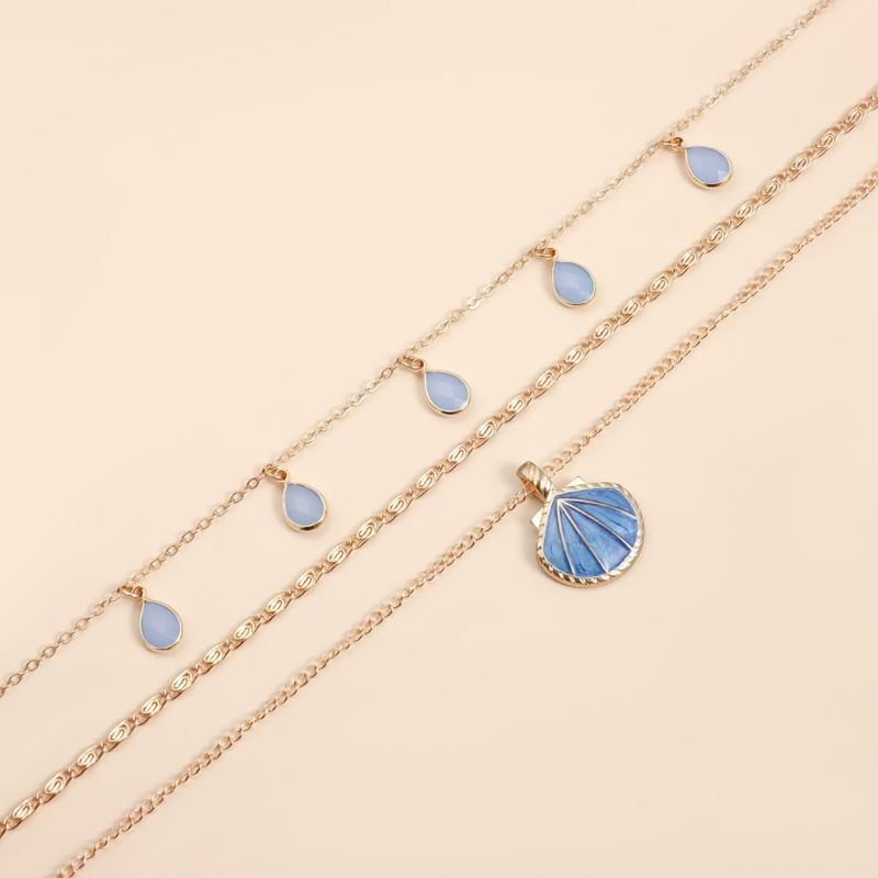 Blue Tidal Shell Drop Pendant Necklace Handcrafted Glaze Finish Alloy Chain For Everyday Elegances
