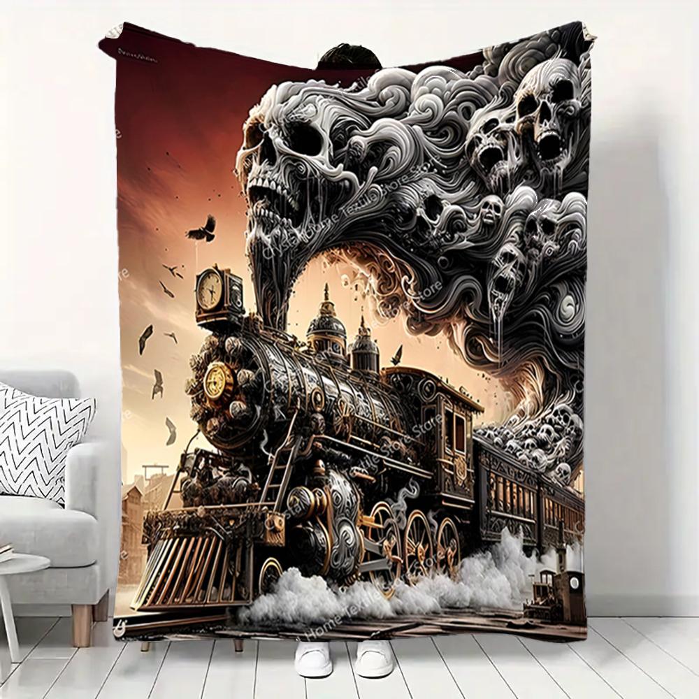 Skull Train Pattern Soft Flannel Blanket,Keep Warm Throw Blanket Comfortable Blanket for Picnic Beds Sofa Home Bedroom Kids Gift