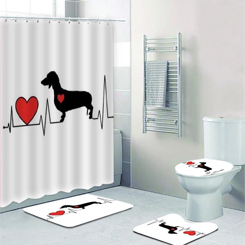 Funny Cute Dachshund Dog Bathroom Curtains Set Shower Curtain Set Cartoon Sausage Dog Bath Mat Rugs Butt Dog Animal Home Decor