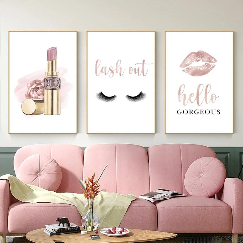 Fashion Eyelashes Lipstick Makeup Wall Art Canvas Painting Posters Rose Gold Girls Gifts Wall Decor Prints Hello Gorgeous Sign