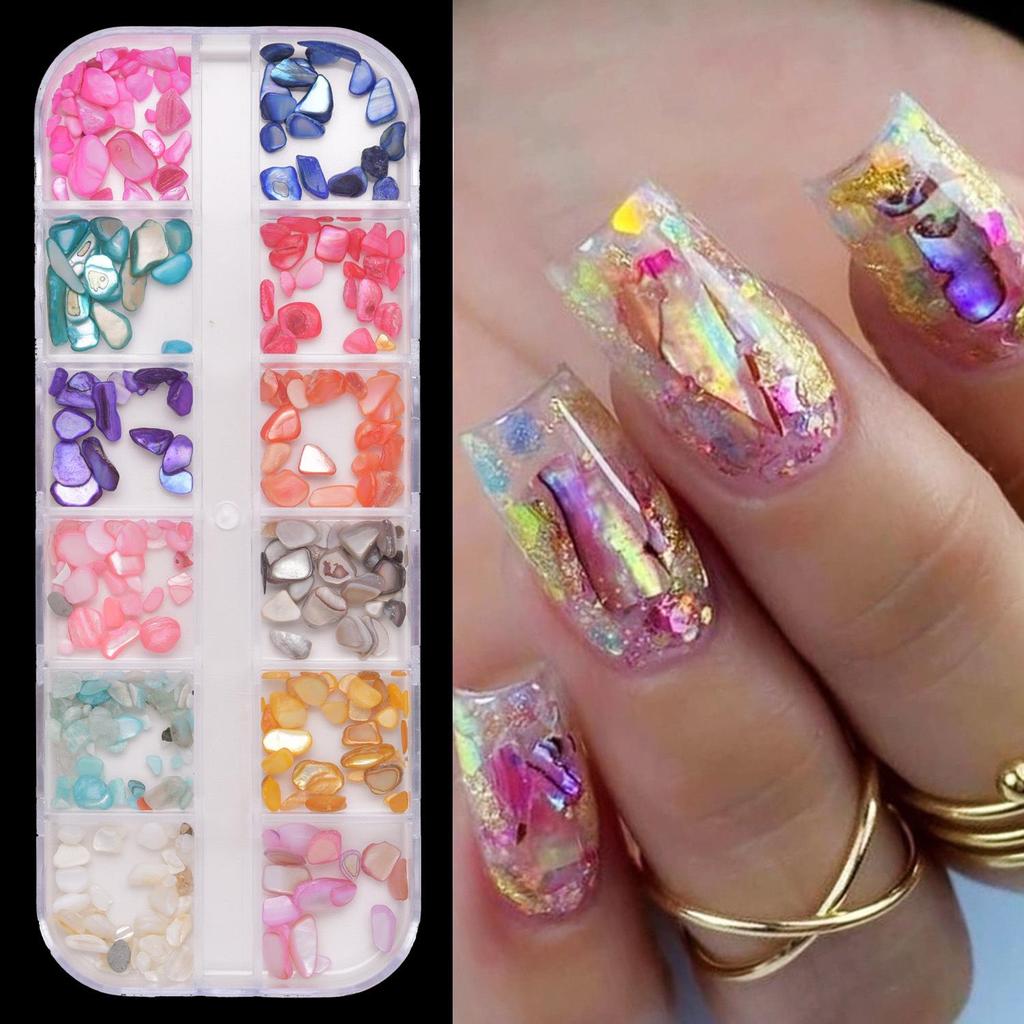 Ultra-Thin Abalone Nail Art Kit: 12-Grid Mixed Ornaments with Shells, Rivets, Pearls, and Rhinestones.