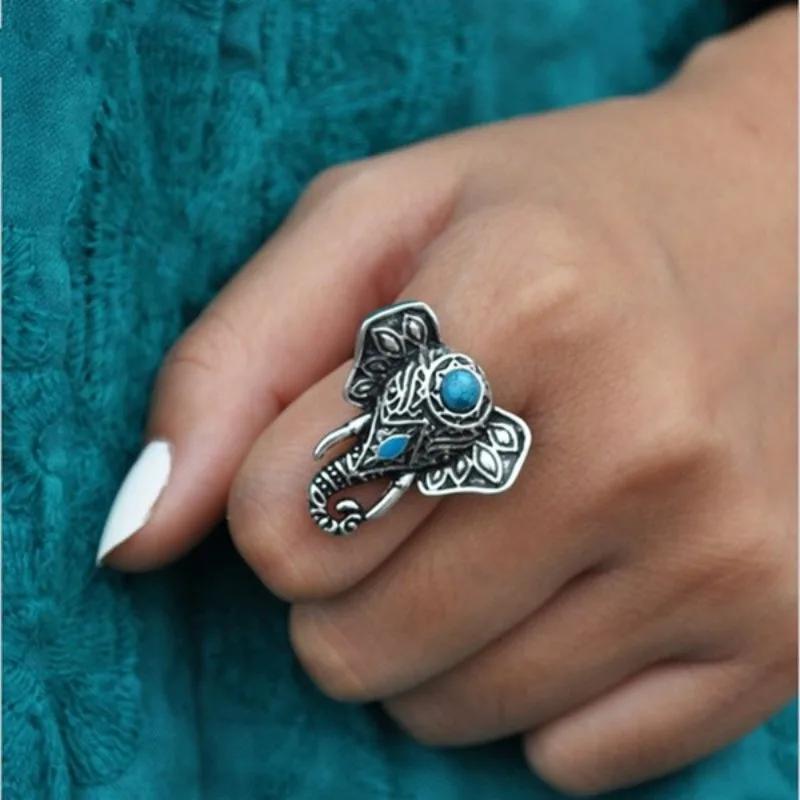 Bohemian Ethnic Style Creative Faux Turquoise Opening Adjustable Ring Women Retro Party Personality Jewelry Accessories