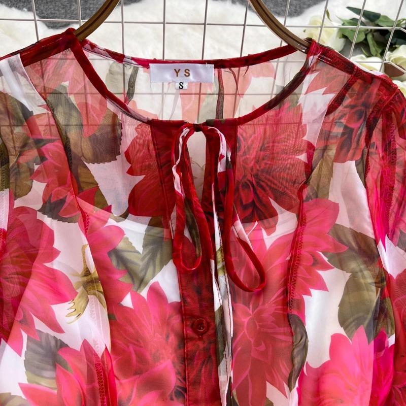 Camisole Dress for Holiday Temperament Floral Chiffon Vestidos Bandage Print Femme Robe Korean Casual Office Lady Ropa Mujer