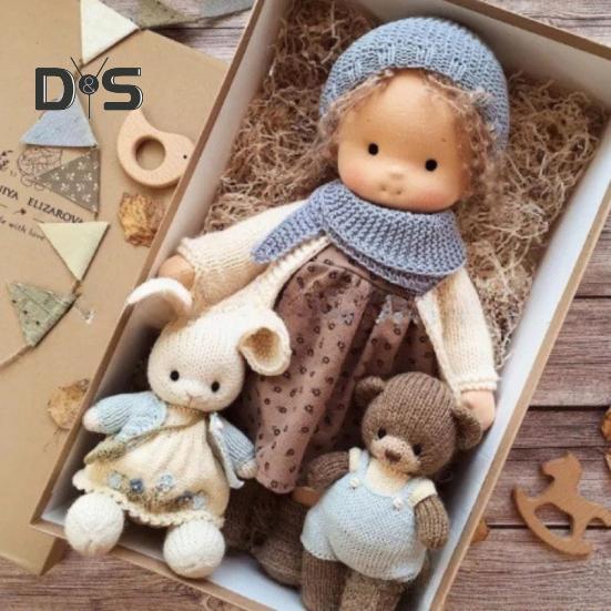 Handmade Waldorf Doll Stylish Clothes Expression Knitted Dolls with Soft Hair Vintage Crocheted Doll Gift for Family Friends Outdoor Travel Home Decor