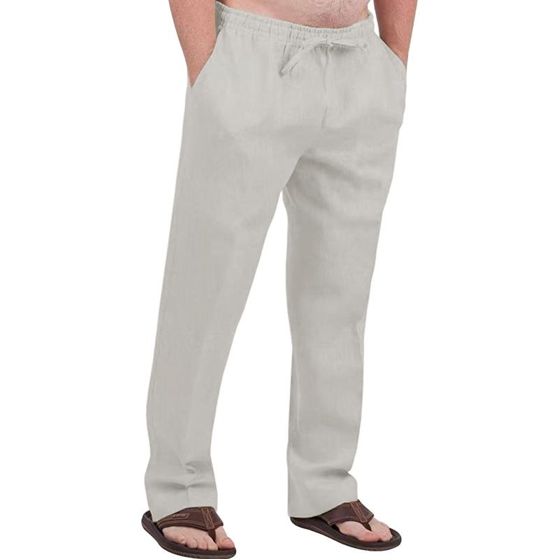 Herren Freizeit Atmungsaktive Baumwoll-Leinen Kordelzug Hose – Atmungsaktive Sommer Strandhose