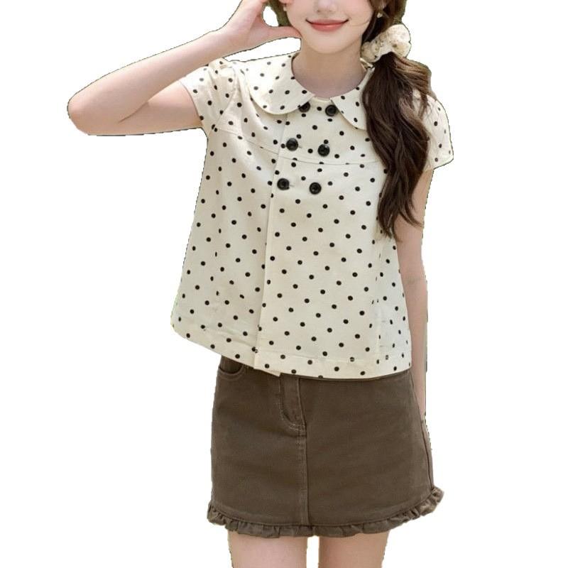 Sweet wind apricot polka dot doll collar short-sleeved shirt women's summer new loose versatile shirt casual top