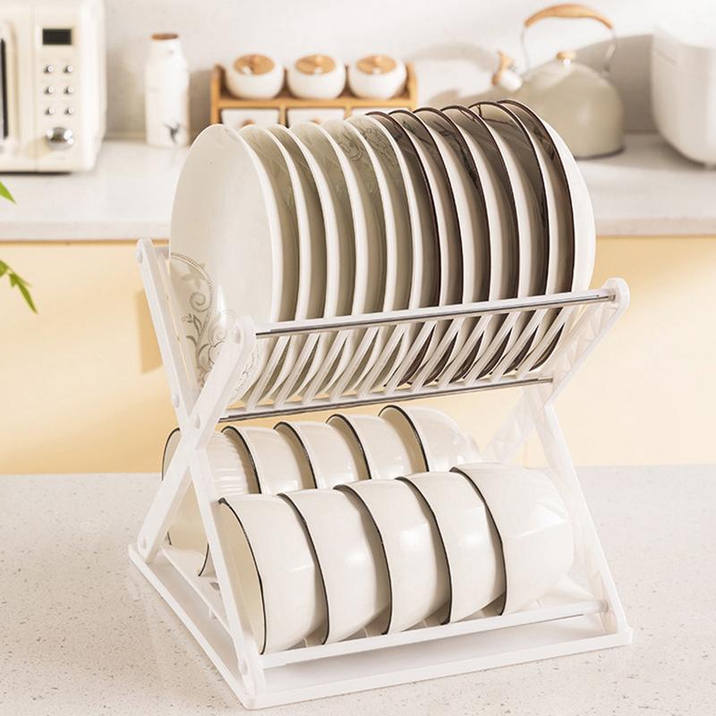 X-Type Plastic Bowl Rack Kitchen Double-Layer Storage Rack Household Bowl Tray Drain Rack Multi-Functional Dish Storage Rack