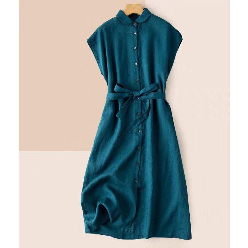 

Однотонное хлопково-льняное платье без рукавов женское летнее новое повседневное с отворотом на талии хлопковое тонкое темпераментное средней длины А-силуэта XL чернил синий