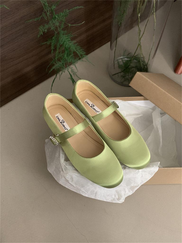 Satin French Temperament Round Head Flat Bottom Mary Jane Single Shoes Women's 2025 Autumn New Evening Breeze with Skirt Ballet Shoes