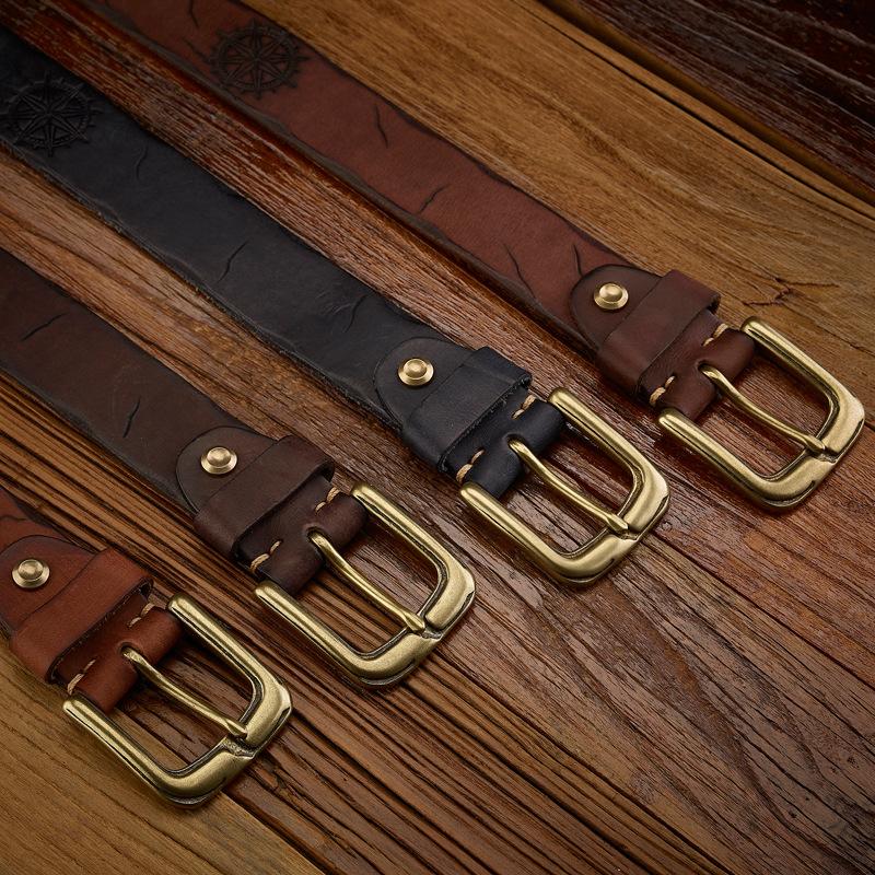 Personalized Handmade Leather First Layer Cowhide Belt Men'S Copper Buckle Casual American Retro Style Versatile Trend Belt Men'S