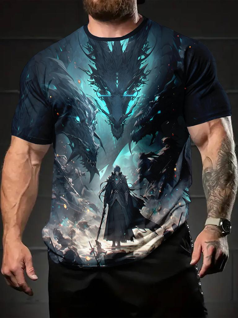 Men's 3D Black Dragon Hero Print T-Shirt Polyester Summer Round Neck Daily Leisure Wear