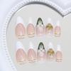 24Pcs Flower Press on Nails Green Fake Nails Medium Almond Shaped Pearl with Gold Beads Design 5D Spring Floral Glue on Nails Artificial White French