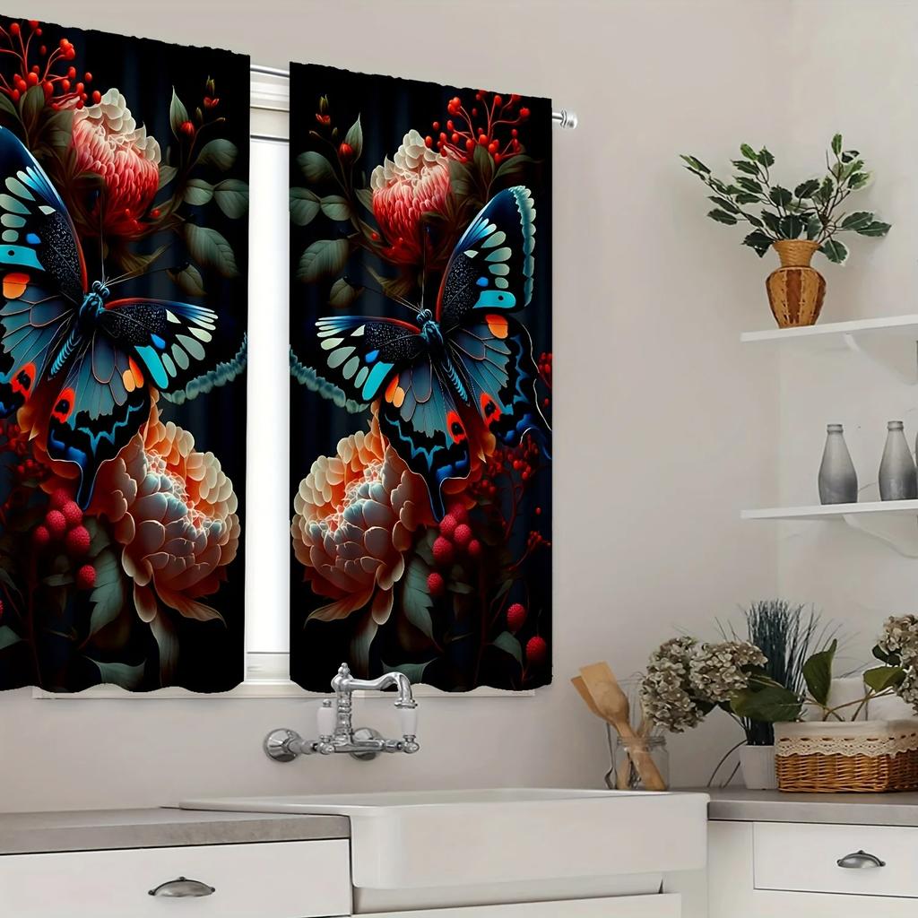 Fjärilar och Blommor Tryckta Gardiner Studierum Kök Vardagsrum Sovsal Stångficka Topp Fönsterdraperier Sovrumsinredning Ny