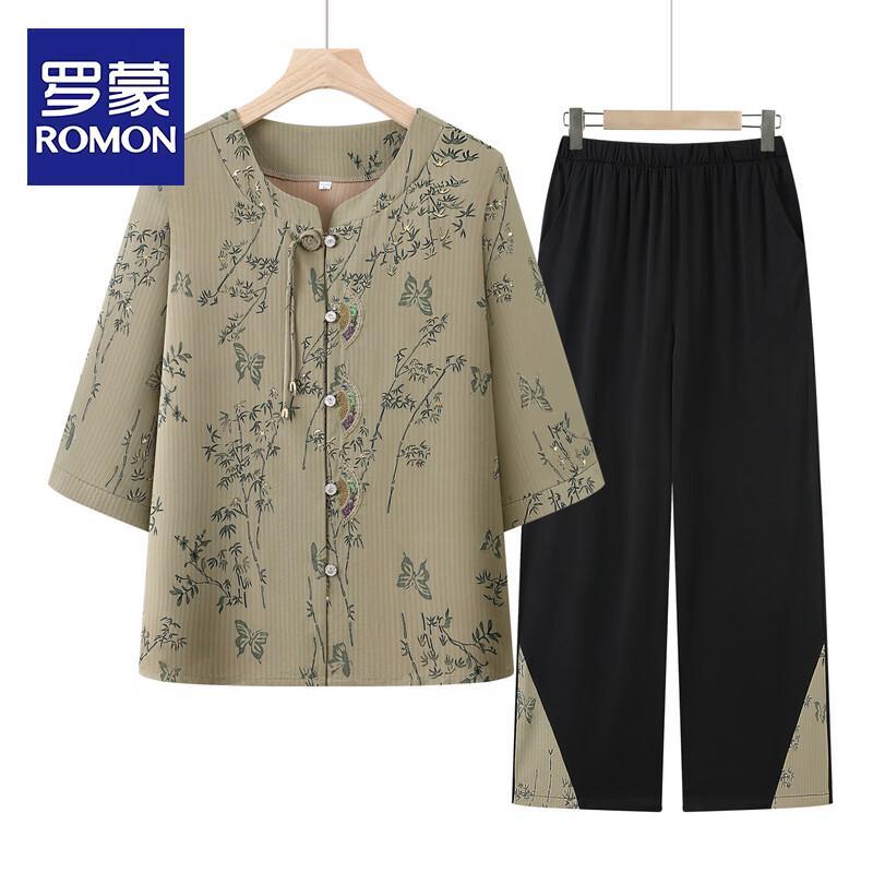 ROMON New Chinese Style Women s Summer Two-Piece Outfit 2XL