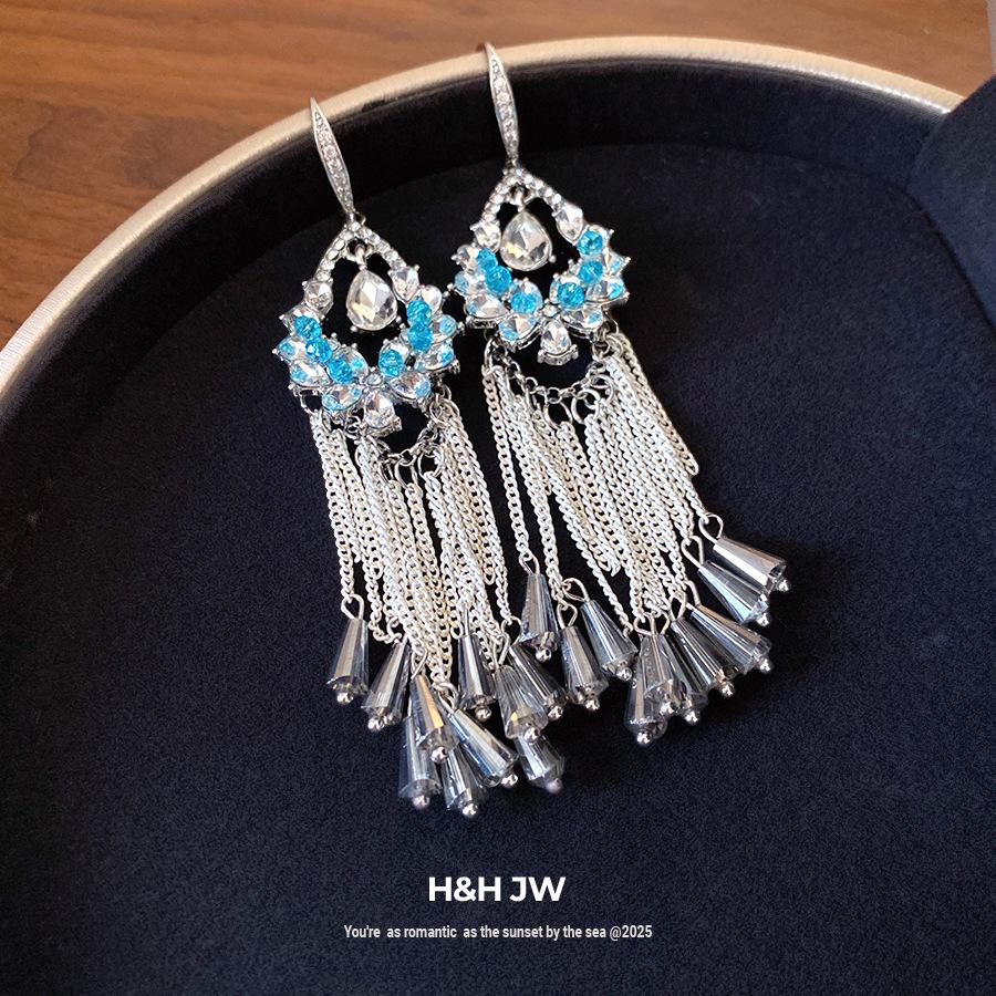 Diamond glass flower fringed ear hook retro ethnic style earrings versatile fashion Guochao earrings design sense niche