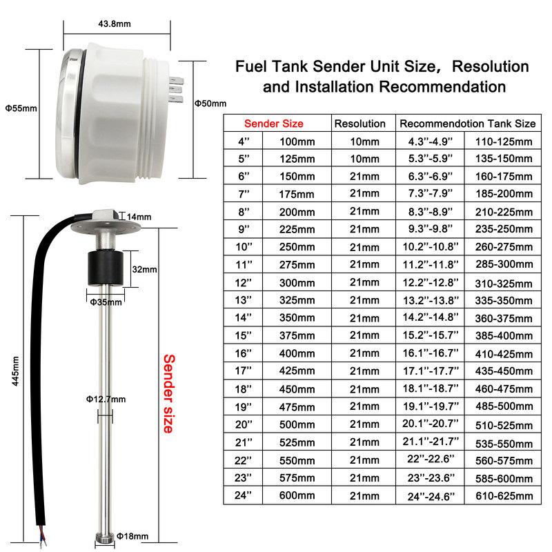 52MM Fuel Level Gauge With 0-190 Ohm Fuel Level Sensor 100-500mm Fit For Car Boat Marine Yacht Fuel level indicator 9-32V