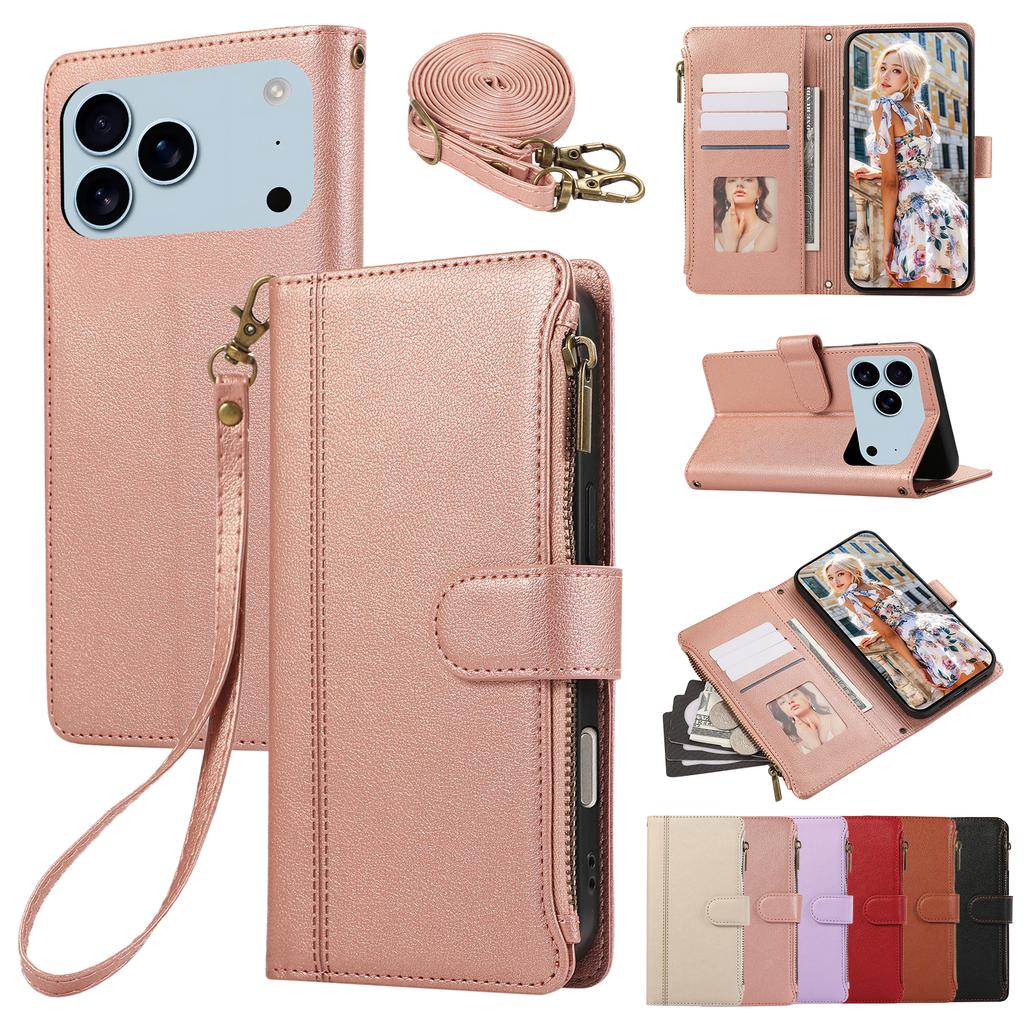 Luxury Zipper Multi Cards Solt Flip Wallet Leather Case For iPhone 17 Pro Max 16 15 14 13 12 11 Plus Air 16E Bag Pocket Cover