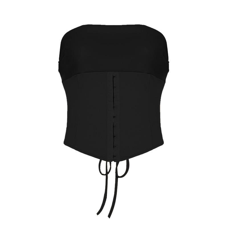Retro Cross-Border Lace-Up Strapless Waist-Shaping Top and Hollow-Out Leather Skirt Set for Women