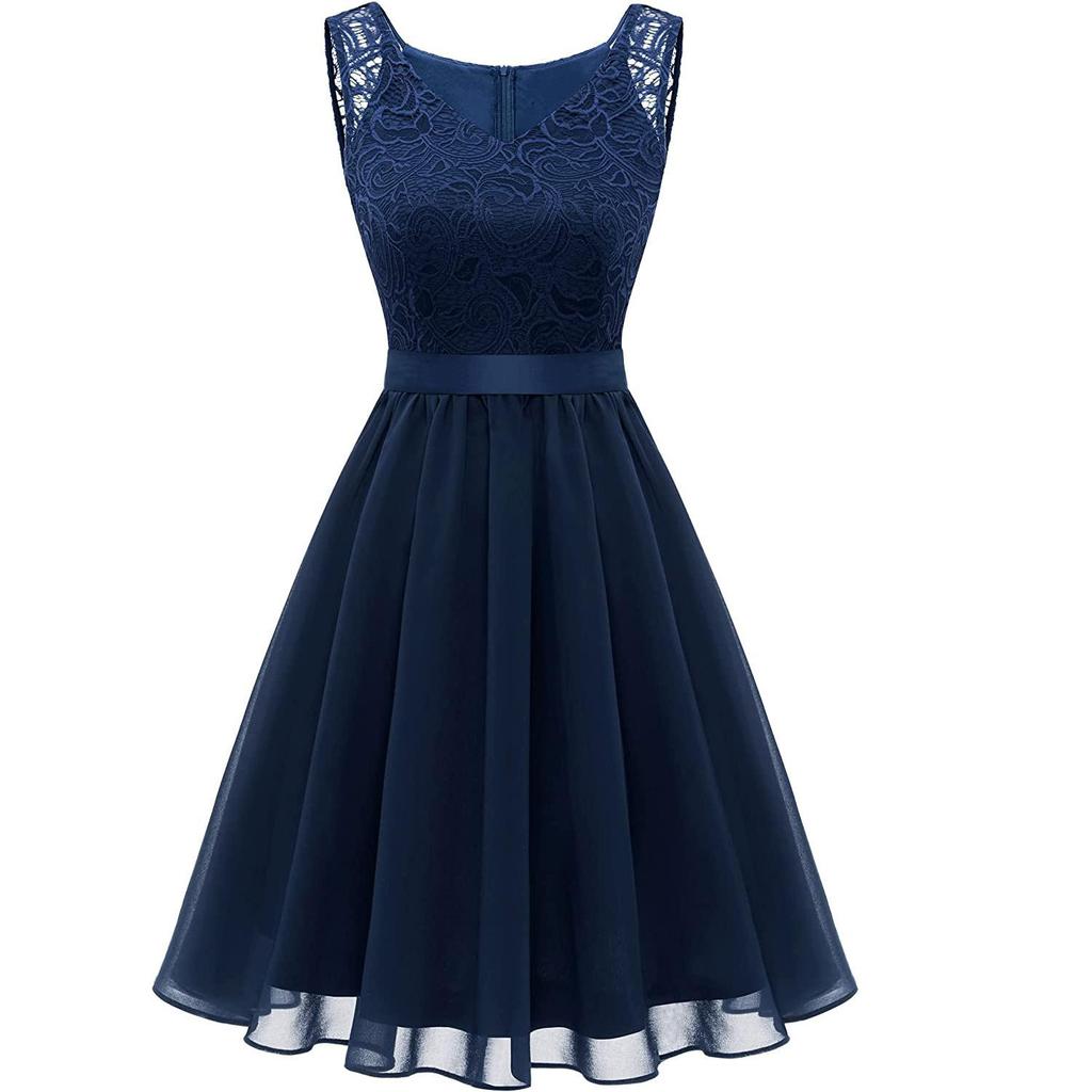 Retro-Cocktailkleider für Damen, Blumenspitze, Chiffon, ärmellos, Bandbindung, Brautjungfernabend, formelles Swing-Midikleid, fit und ausgestellt