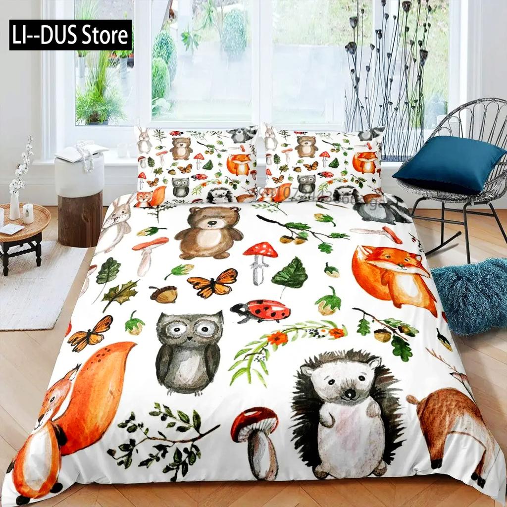 Hedgehog Duvet Cover Mushroom For Boys Teens Cute Cartoon Wild Animal Pinecone Tree Leaf Quilt Cover Autumn Leaves Room Decor