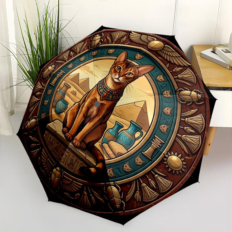 Egyptian Cat Art pattern umbrella, portable and foldable design, 8 ribs, a casual accessory for Halloween, Christmas, and birthday gifts.