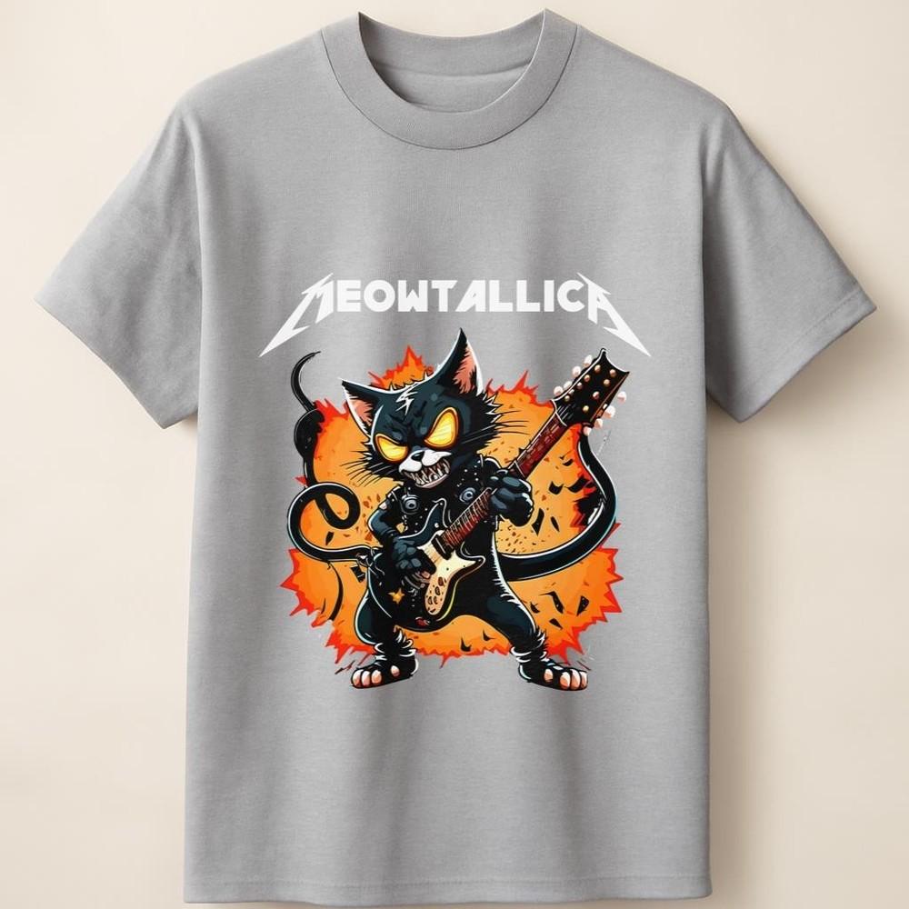 Meowtallica Angry Guitarist Kitty with Flames and Spikes Unisex T Shirt Unisex T-Shirt S