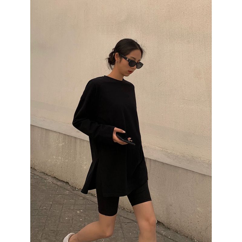 

White Autumn Split Oversize Long Sleeves T-Shirt Black In Stock S