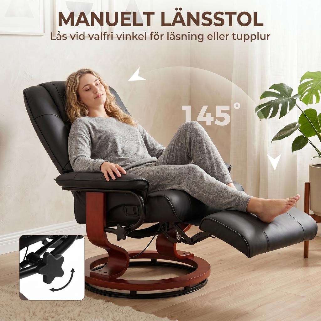 Recliner Chair TV Chair Reclining Chair, Faux Leather, 360 Degrees Swivel Chair, 145 Degrees Reclining, Black, 78 X 87 X 100 Cm