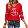 Women's V Neck 3/4 Sleeve Christmas Print Pullover Top Casual Holiday Shirt