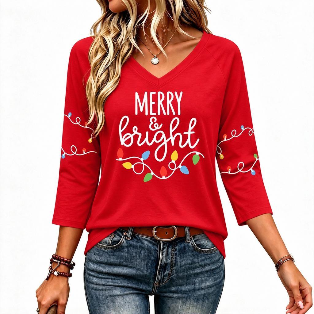 Women's V Neck 3/4 Sleeve Christmas Print Pullover Top Casual Holiday Shirt