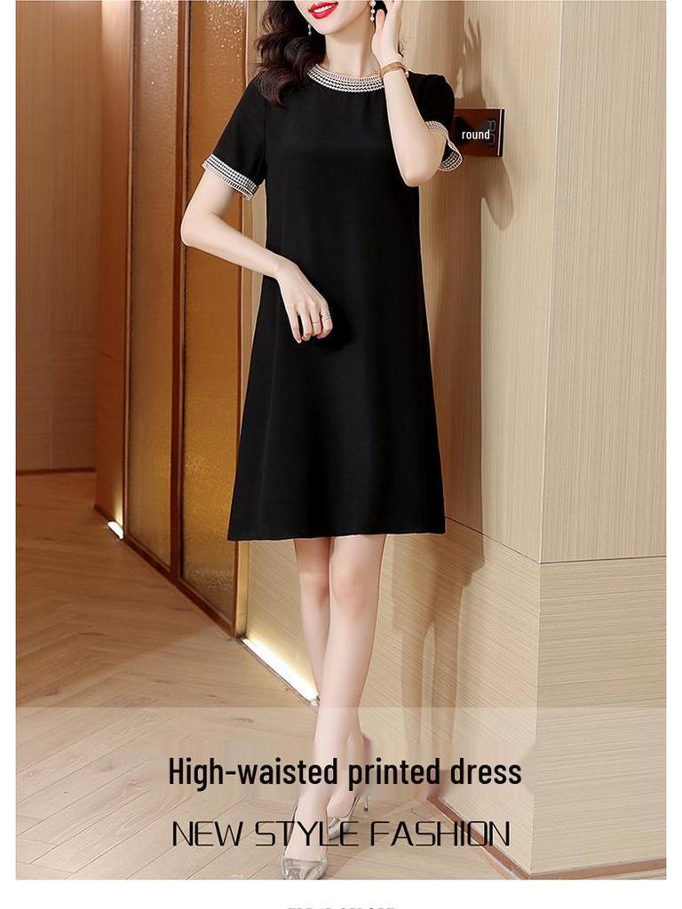 Elegant Plus Size Silk Midi Dress – Short Sleeve Round Neck for Stylish Mothers