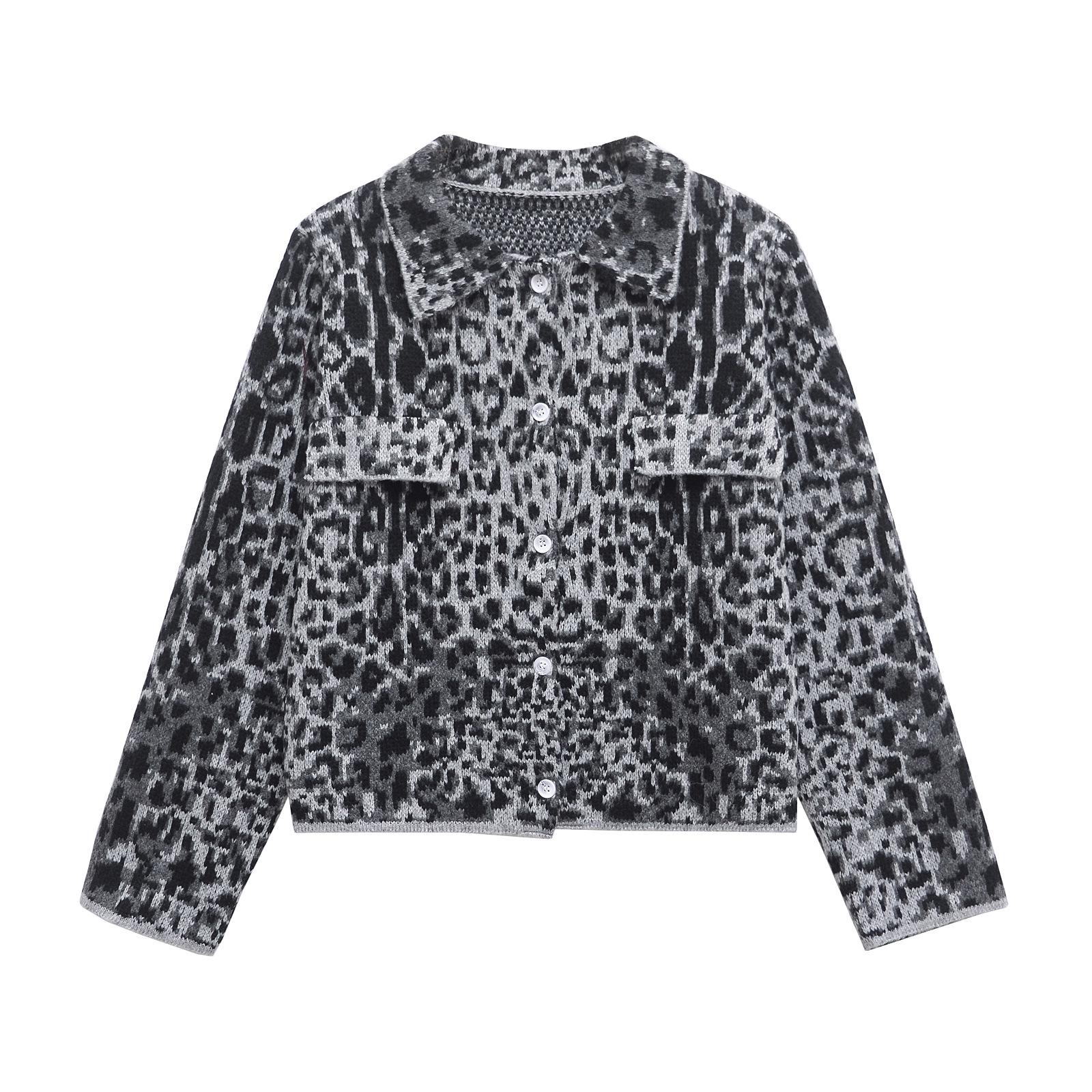 

Зимний женский кардиган жаккардовой вязки с животным принтом 2024 - Мода в европейском и американском стиле Large цветной печати леопарда