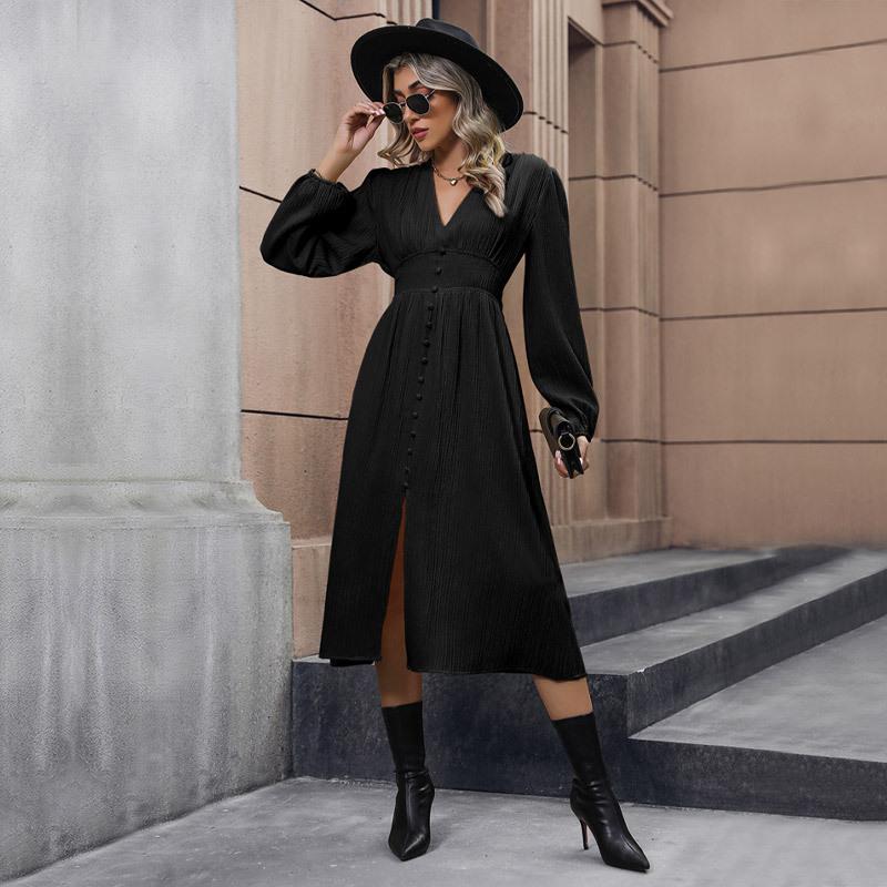 YYFS Women's Fashion Spring Fall Solid Color Print Long Sleeve V-Neck Middle Waistline Casual Dresses