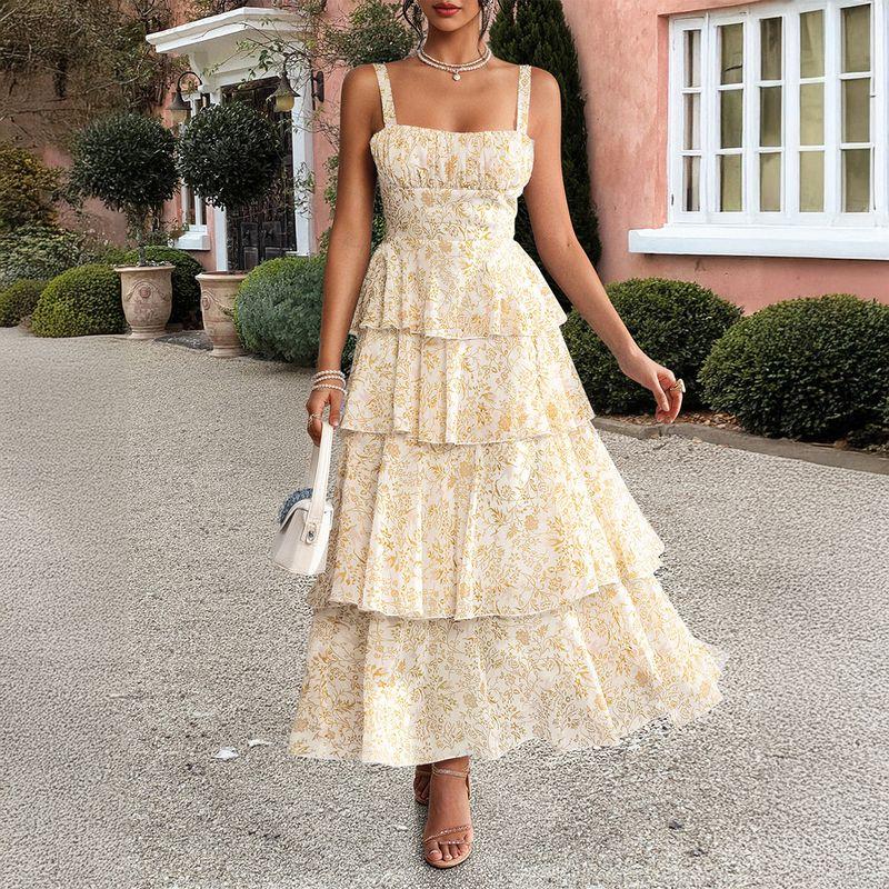 Amazon European and American Foreign Trade Women clothes 2025 Spring and Summer Temperament Mori look Floral Contrast Color Chiffon Sling Dress