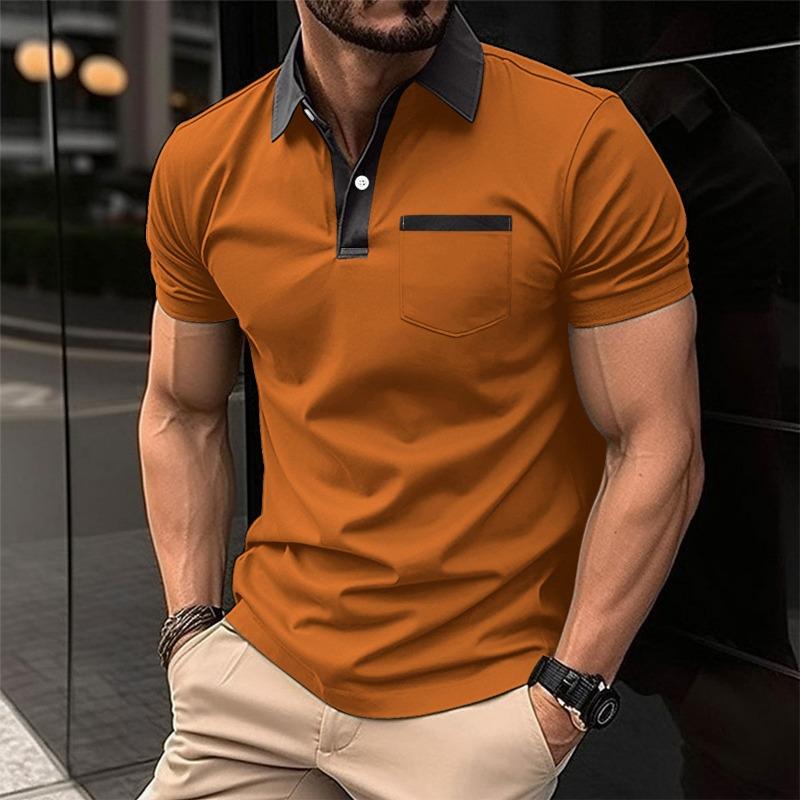Men's Korean-Style Casual Lapel Fashion Slim-Fit Polo Shirt Pocket Patchwork Solid Color Short-Sleeve Top