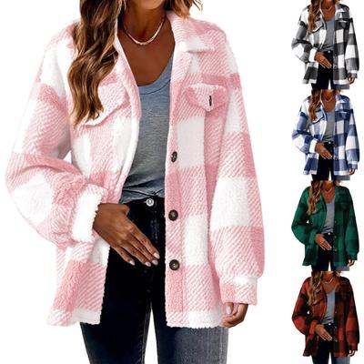 Plaid Pattern Button Front Teddy Coat, Peplum Long Sleeve Winter Warm Coat, Women's