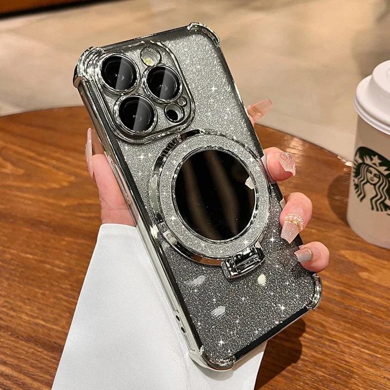 Luxury For Magsafe Wireless Charging Glitter Phone Case For iPhone 17 16 11 12 13 14 15Pro Max Plus Plating Airbag Bracket Cover
