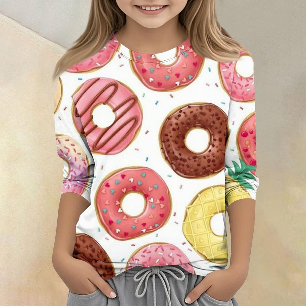 T-shirt décontracté pour enfant à col rond, manches sept-quarts, imprimé