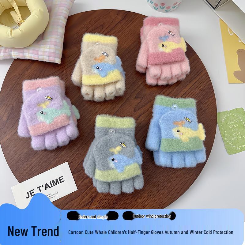 

Cartoon Whale Children s Fingerless Gloves - Thickened for Autumn/Winter Cold Protection