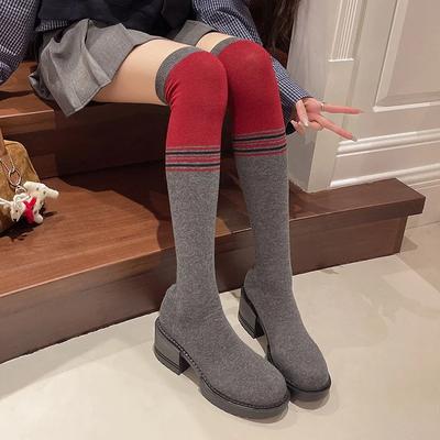 Mode Damen Schuhe im Sale 2024 Neue Ärmel Damenstiefel Herbst Runde Zehenpartie Gemischte Farben Hoher Schaft Über dem Knie Klobige Absätze Sockenstiefel