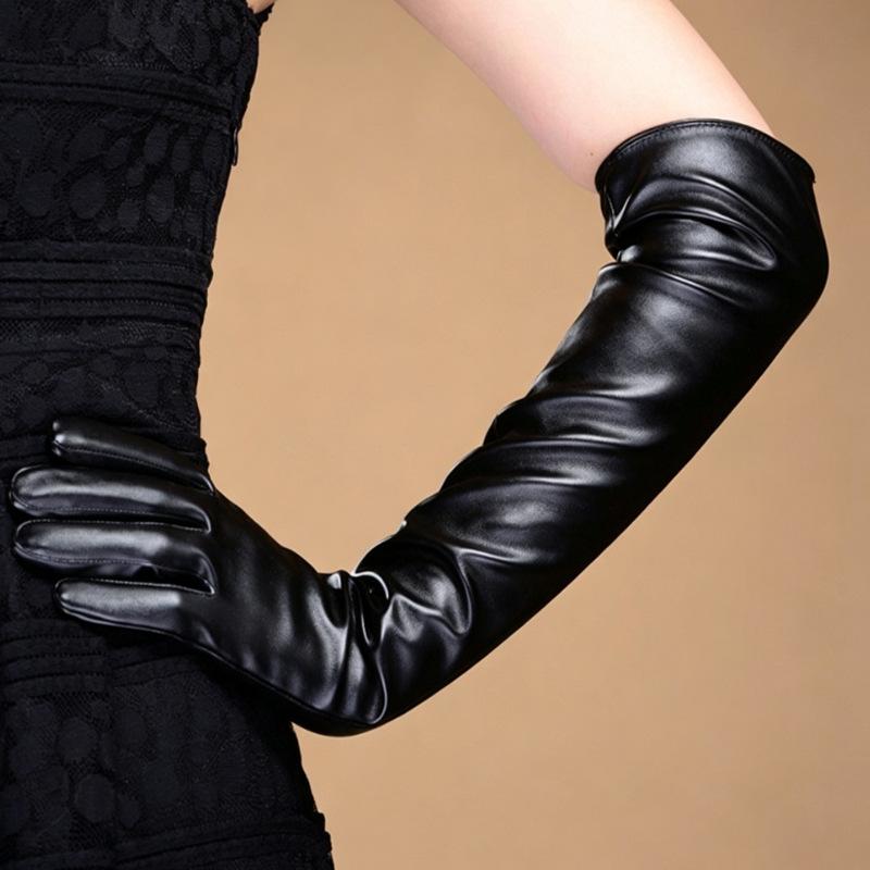 Guanti lunghi eleganti da donna in ecopelle, multicolore, sopra il gomito, 50 cm, perfetti per la fotografia primaverile/estiva.