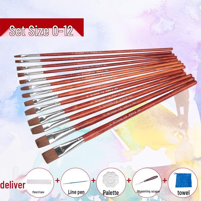 

Набор плоских кистей из волчьей шерсти Wei Zhuang для гуаши, акварели, масла и акрила. Flat Head Full Set Size 0-12 красный