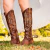 Women Knee-High Modern Boots Square Heel Pointed Toe Embroidered Long Boots Large Size Low Heels Women Shoes Retro Red Brown