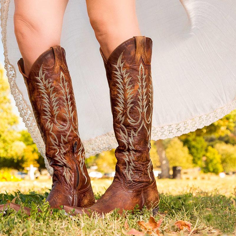 Women Knee-High Modern Boots Square Heel Pointed Toe Embroidered Long Boots Large Size Low Heels Women Shoes Retro Red Brown
